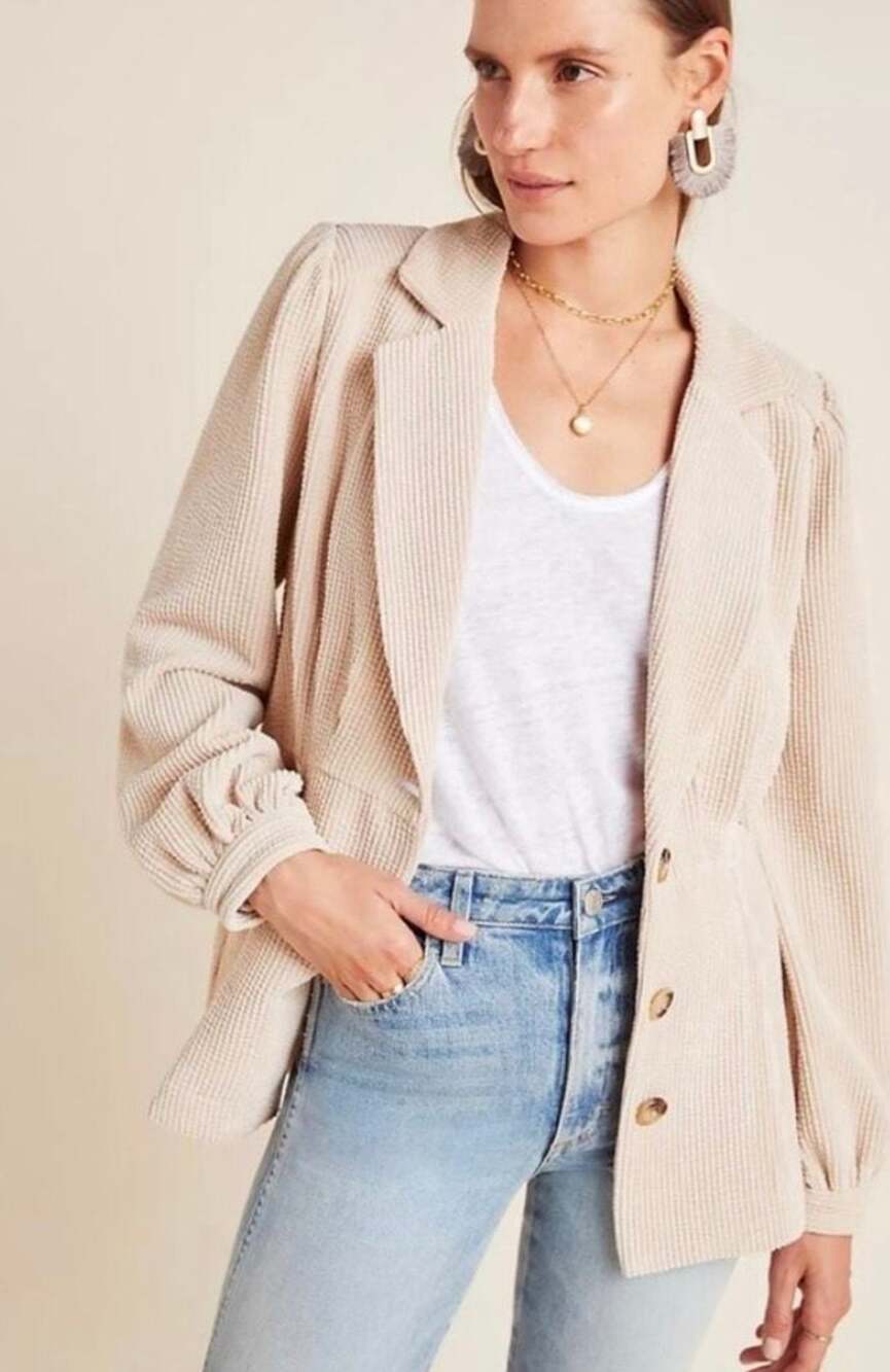 Current Air Anthropologie Corduroy Puff Sleeve Blazer Jacket Tan Large